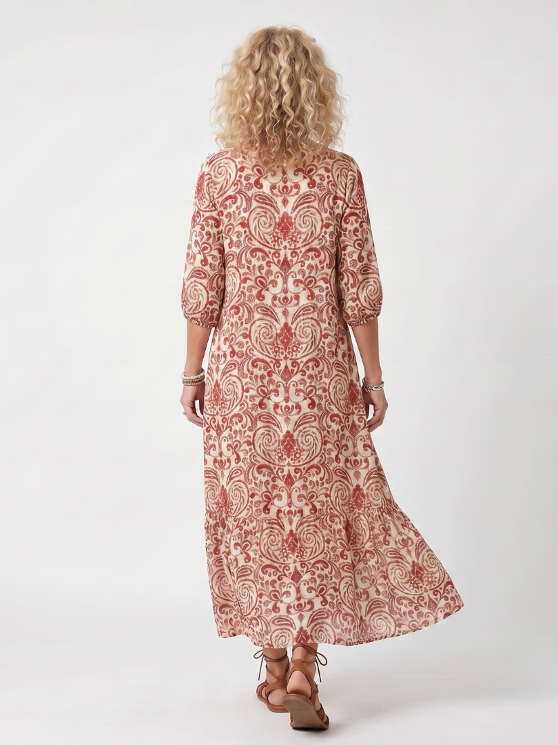 Noelle | Robe Midi à Imprimé Ornate avec Liens à Franges