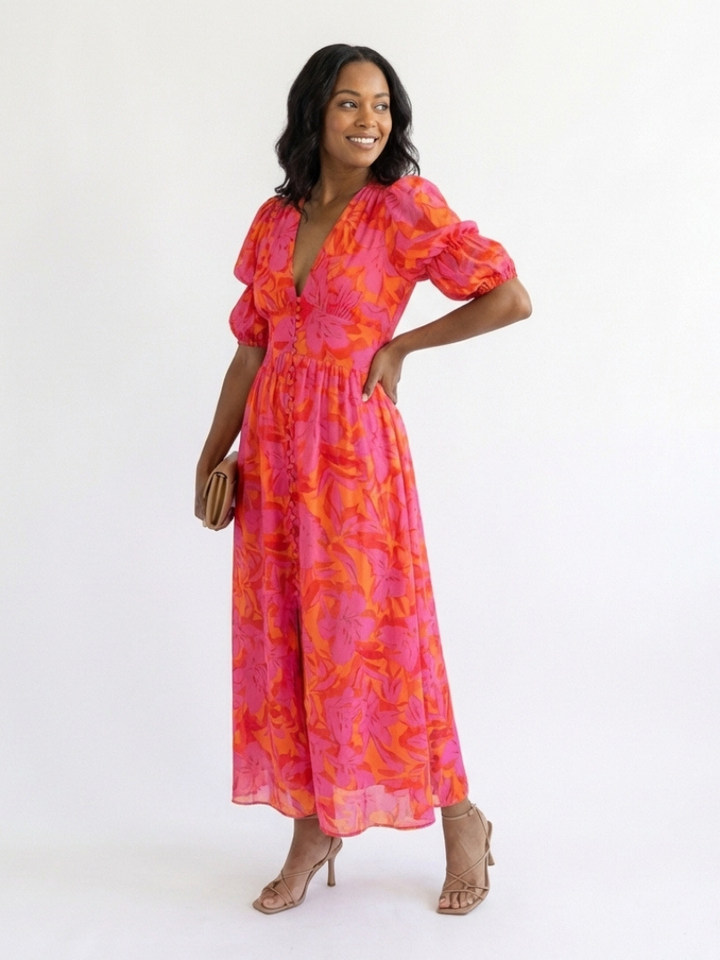 Willow | Robe Midi à Manches Bouffantes et Col V Floral