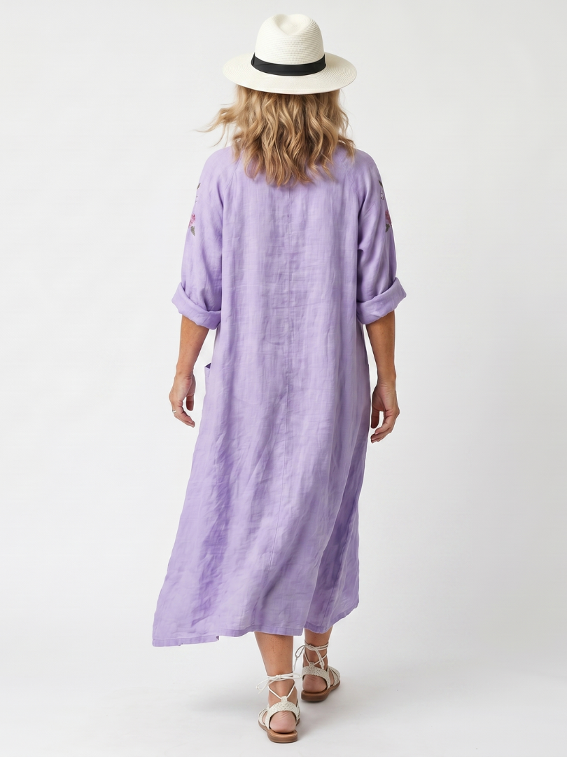 Tavi | Robe Midi Oversize à Poches avec Broderie Florale