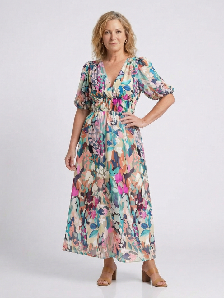 Eulalie | Robe midi à manches courtes et taille froncée en V