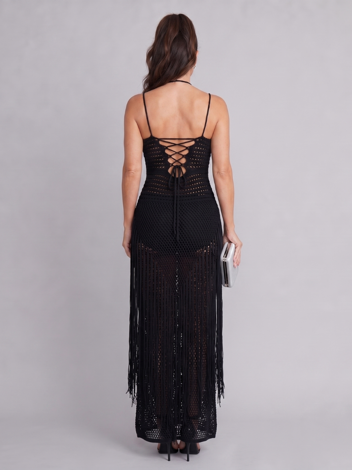 Zephyra | Robe Maxi à Décolleté Halter et Détails en Frange