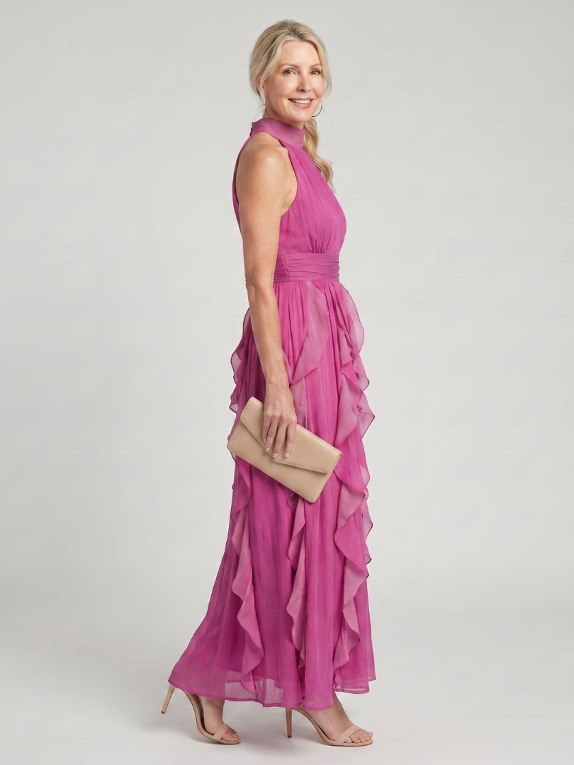 Orea | Robe Maxi à Encolure Haute avec Volants Rassemblés
