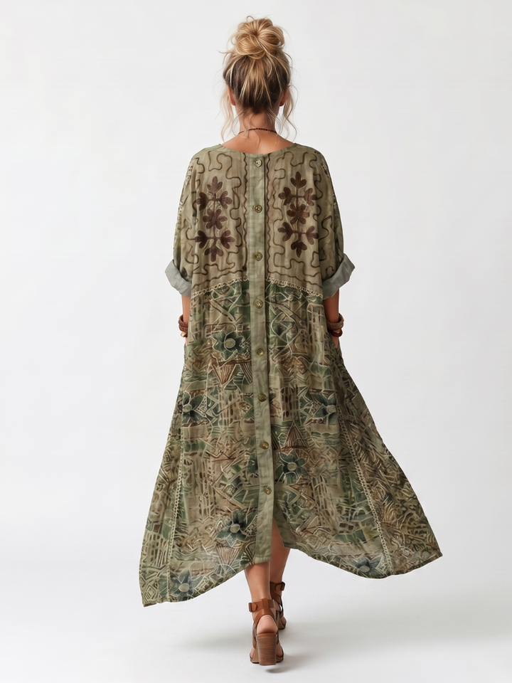 Aleta | Robe midi oversize à poches brodées et bouton sur le devant