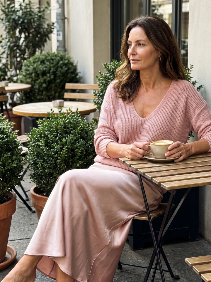 Luciana | Ensemble Jupe Satinée Biais et Pull Tricoté