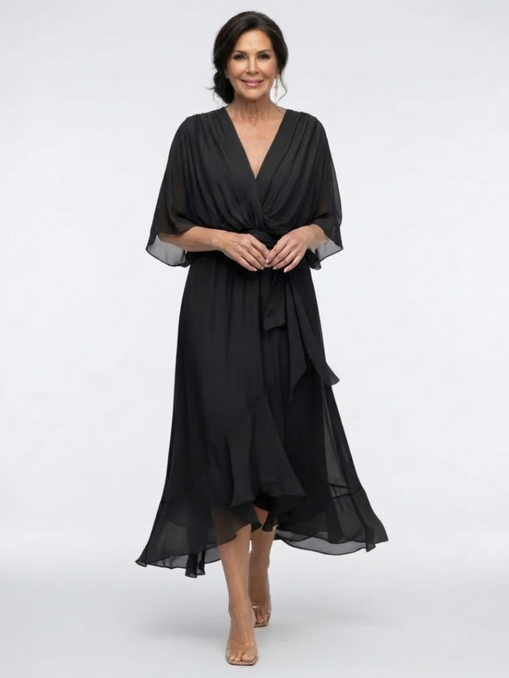 Elysia | Robe Midi Drapée à Encolure en V avec Ceinture
