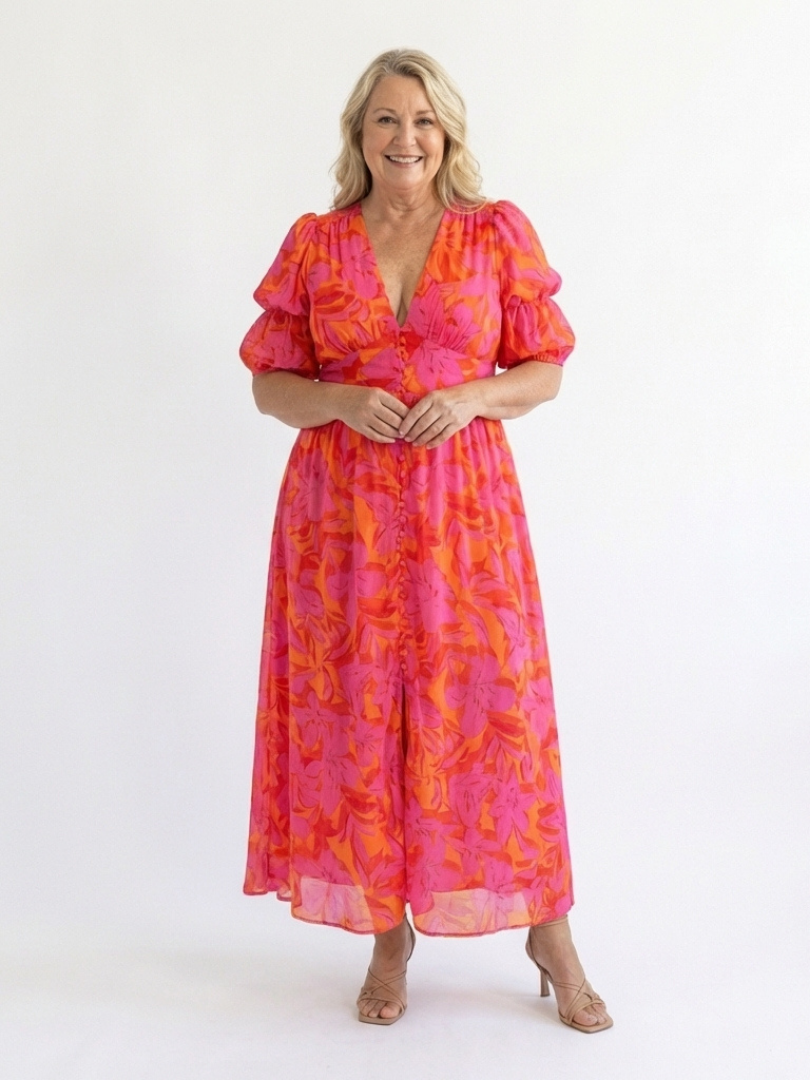 Willow | Robe Midi à Manches Bouffantes et Col V Floral