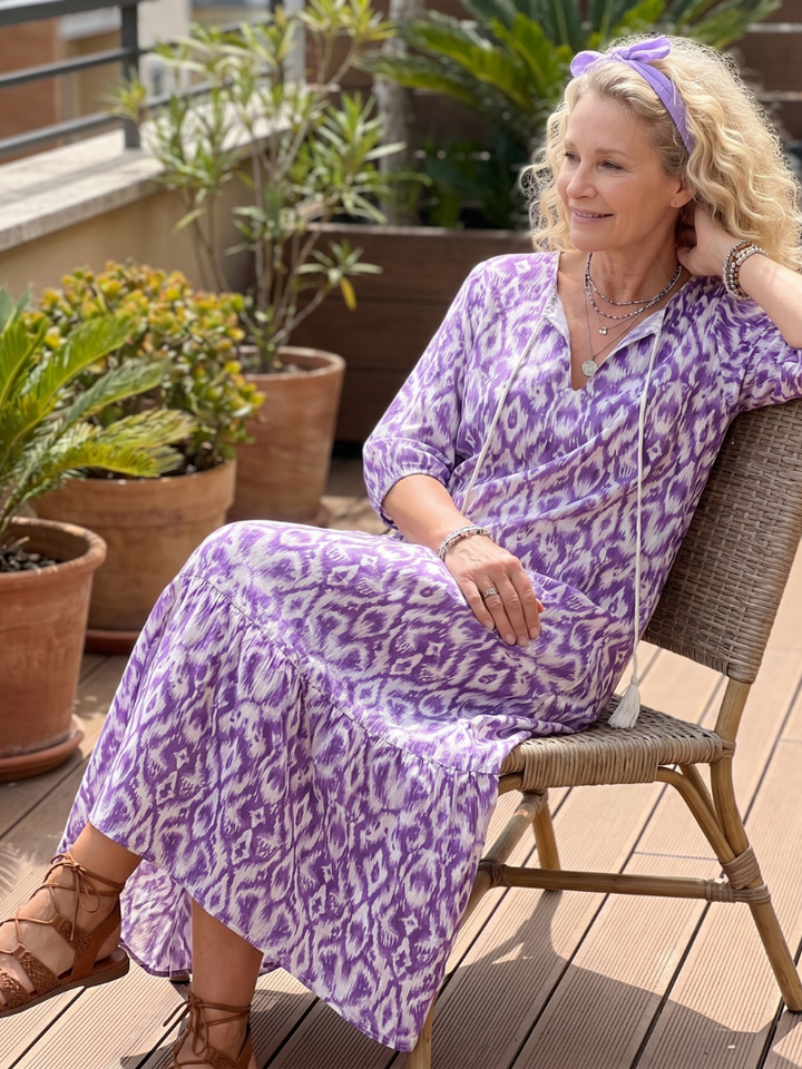 Pénélope | Robe midi à imprimé et liens à franges