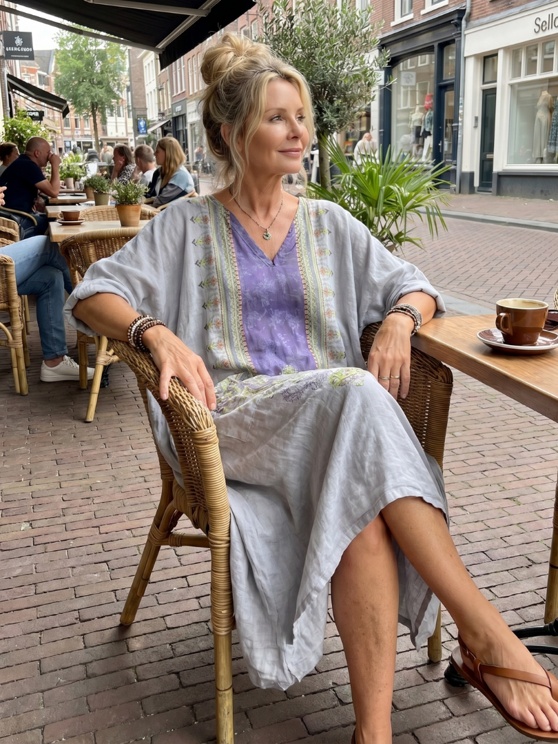 Raina | Robe midi oversized avec panneaux contrastés et broderies