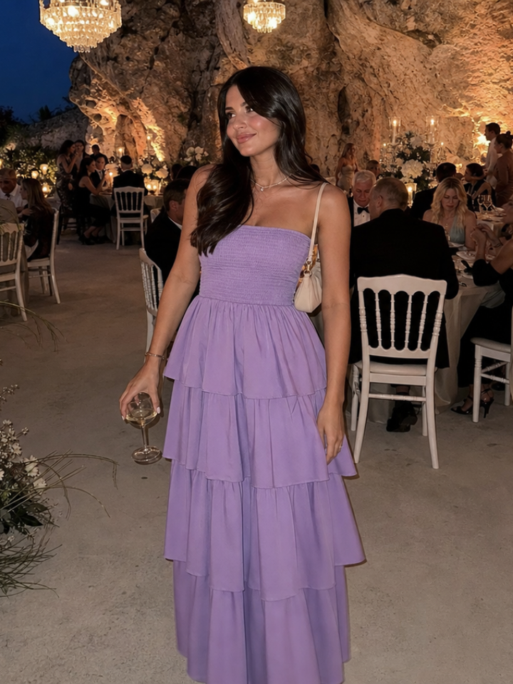 Gemma | Robe Midi à Buste Froncé Sans Bretelles
