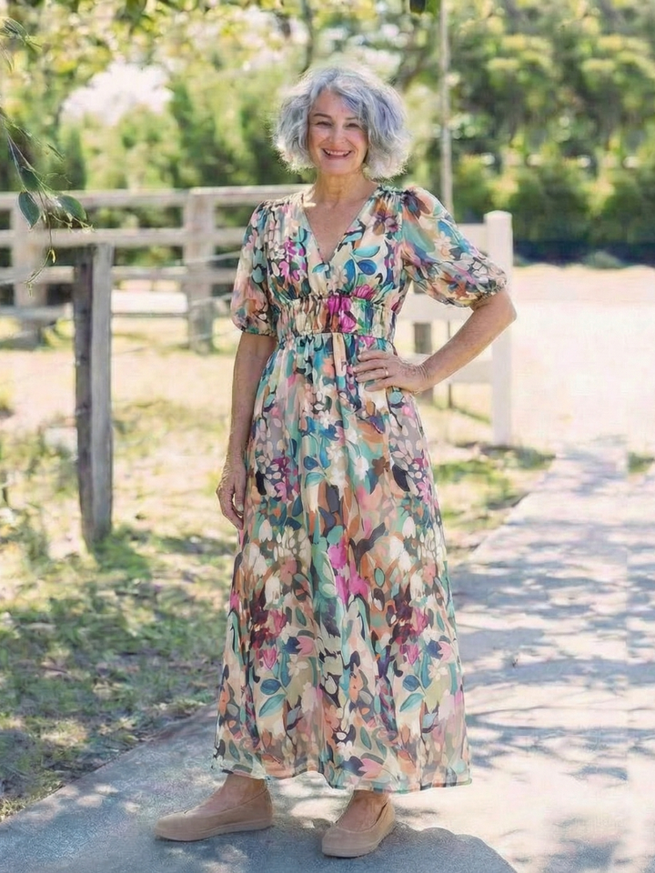 Eulalie | Robe midi à manches courtes et taille froncée en V