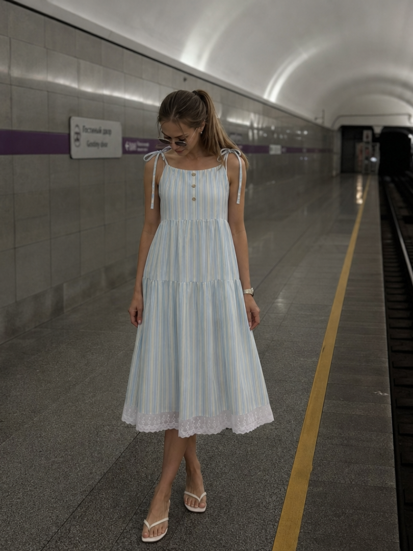 Nathalia | Robe Midi à Bretelles Lien Sans Manches à Rayures
