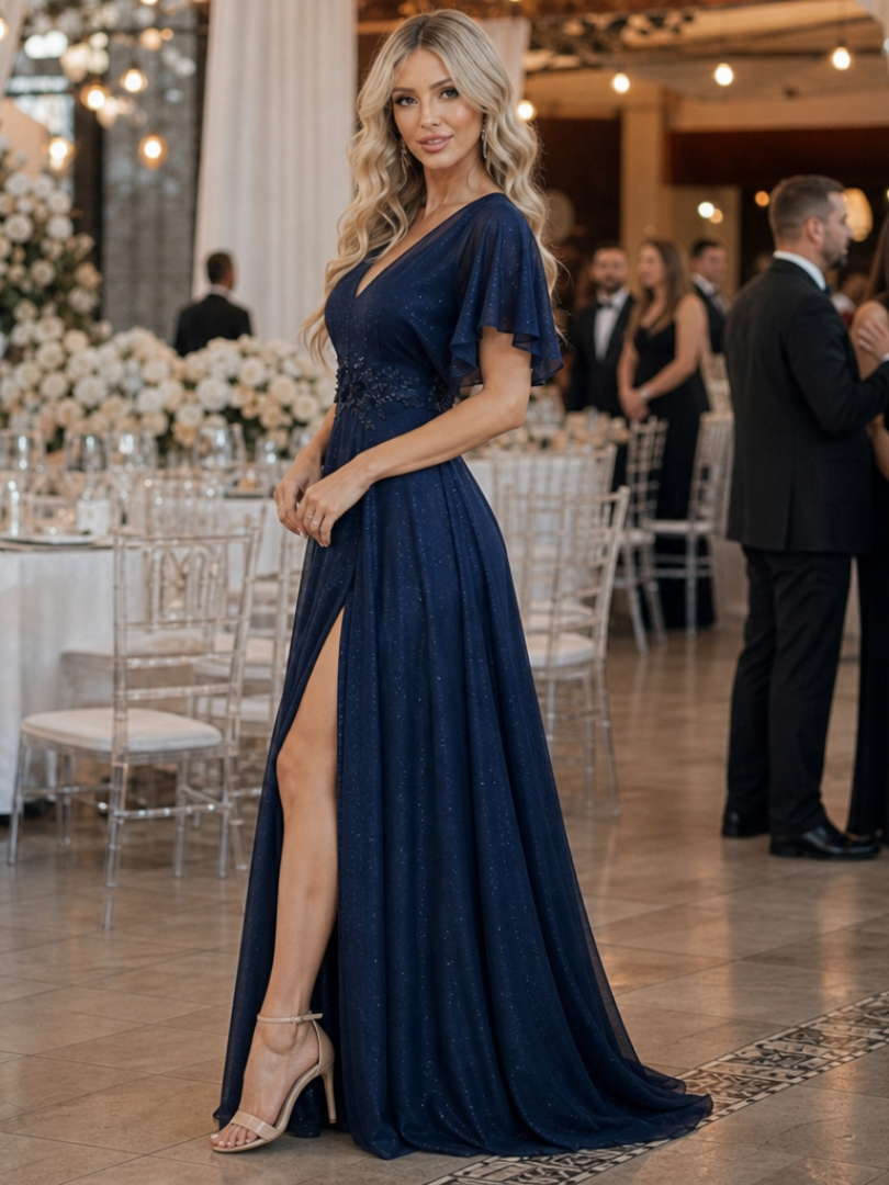 Orelia | Robe Maxi Fluide à Manches Courtes et Col V