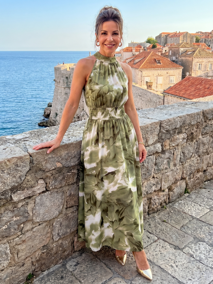 Olivia | Robe midi à taille froncée et imprimé abstrait