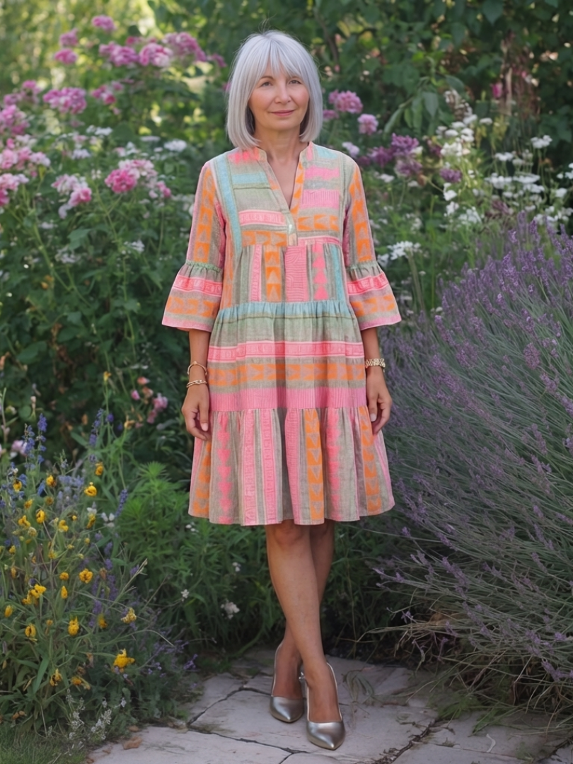Maelle | Robe à Imprimé Géométrique avec Décolleté en V et Jupe Étagée à Longueur Genou
