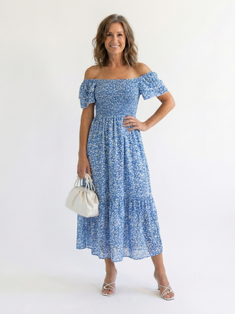 Odette | Robe Midi Smockée à Fleurs à Épaule Dégagée