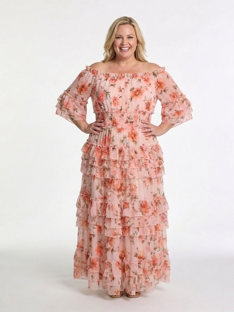 Rosalie | Robe Maxi à Volants Fleurs Décolleté Bardot