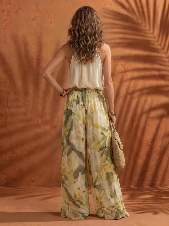 Solange | Ensemble Blouse à Col Halter et Pantalon Large à Fleurs