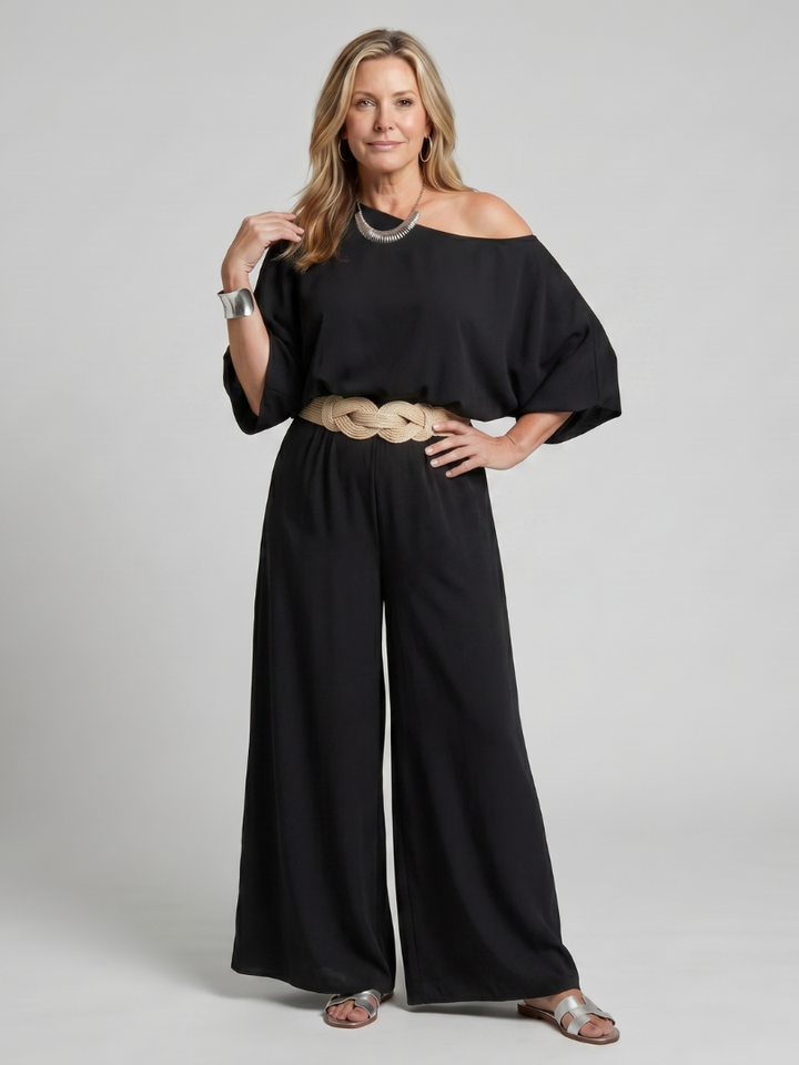 Siomara | Ensemble Top à Épaule Dénudée à Manches Amples et Pantalon à Jambes Larges