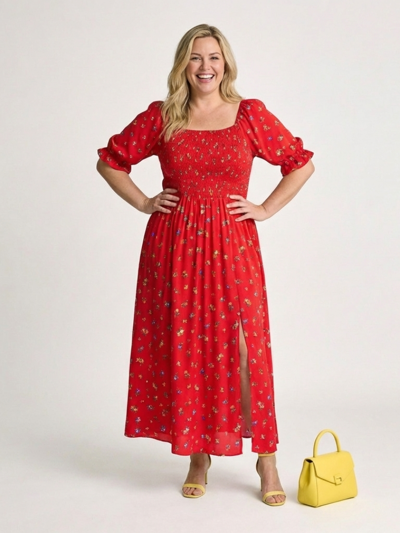 Delphine | Robe Midi à Manches Bouffantes et Décolleté Carré