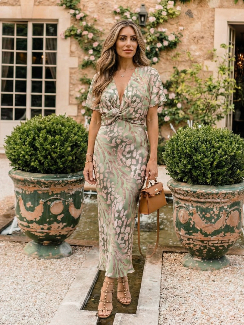 Coralie | Robe Midi à Imprimé Abstrait avec Décolleté en V et Taille Twist