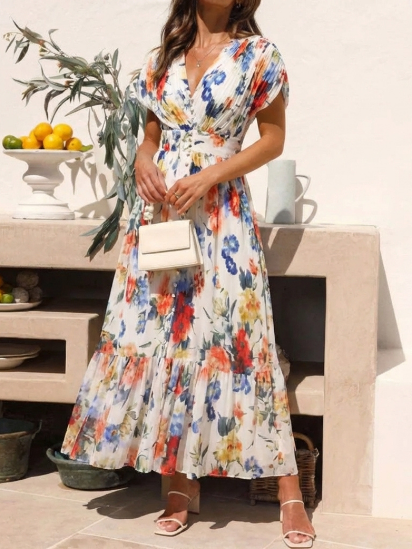 Savannah | Robe midi plissée à manches courtes avec imprimé floral