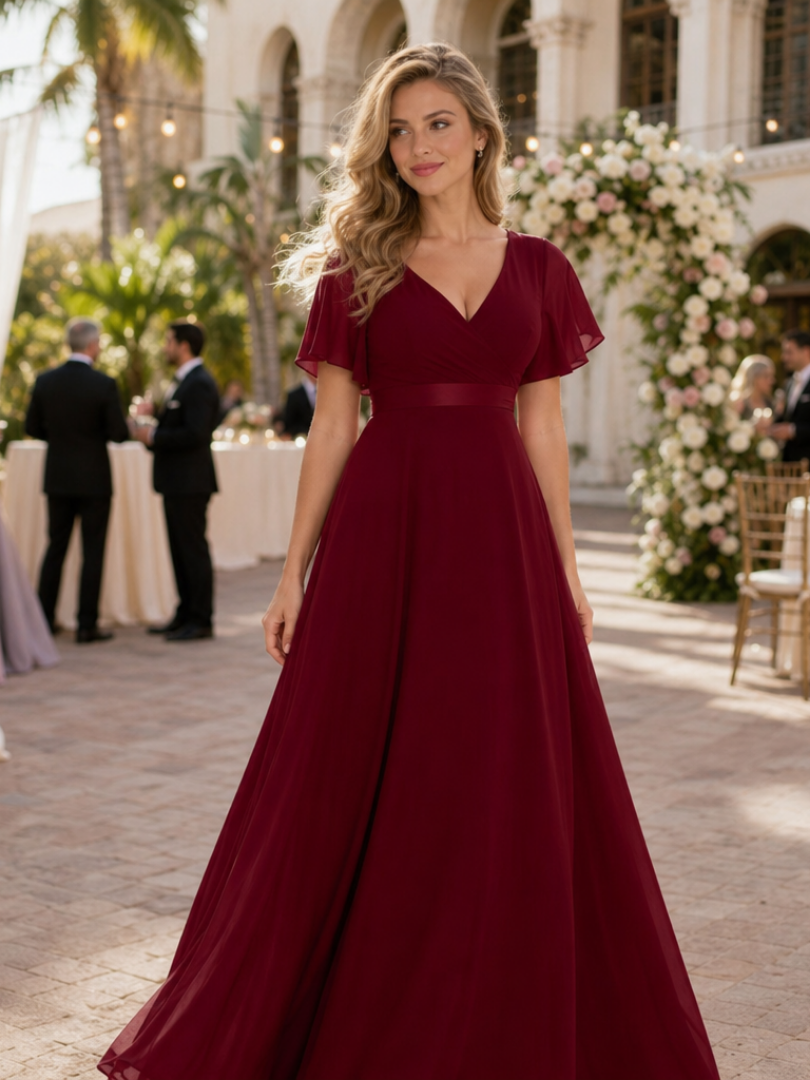 Mige | Robe Maxi à Manches Courtes en Flutter avec Taille Définie