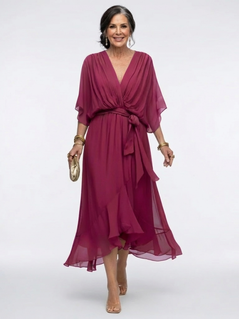 Elysia | Robe Midi Drapée à Encolure en V avec Ceinture