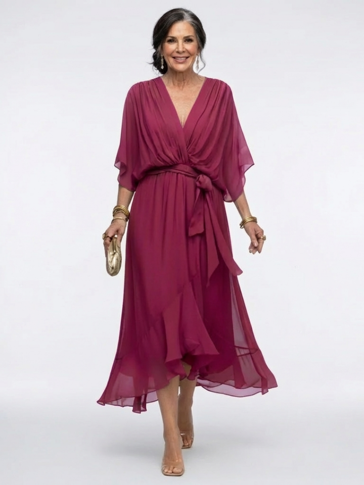 Elysia | Robe Midi Drapée à Encolure en V avec Ceinture