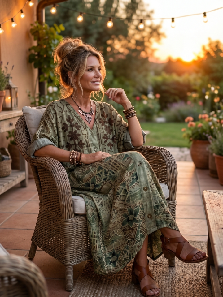 Aleta | Robe midi oversize à poches brodées et bouton sur le devant