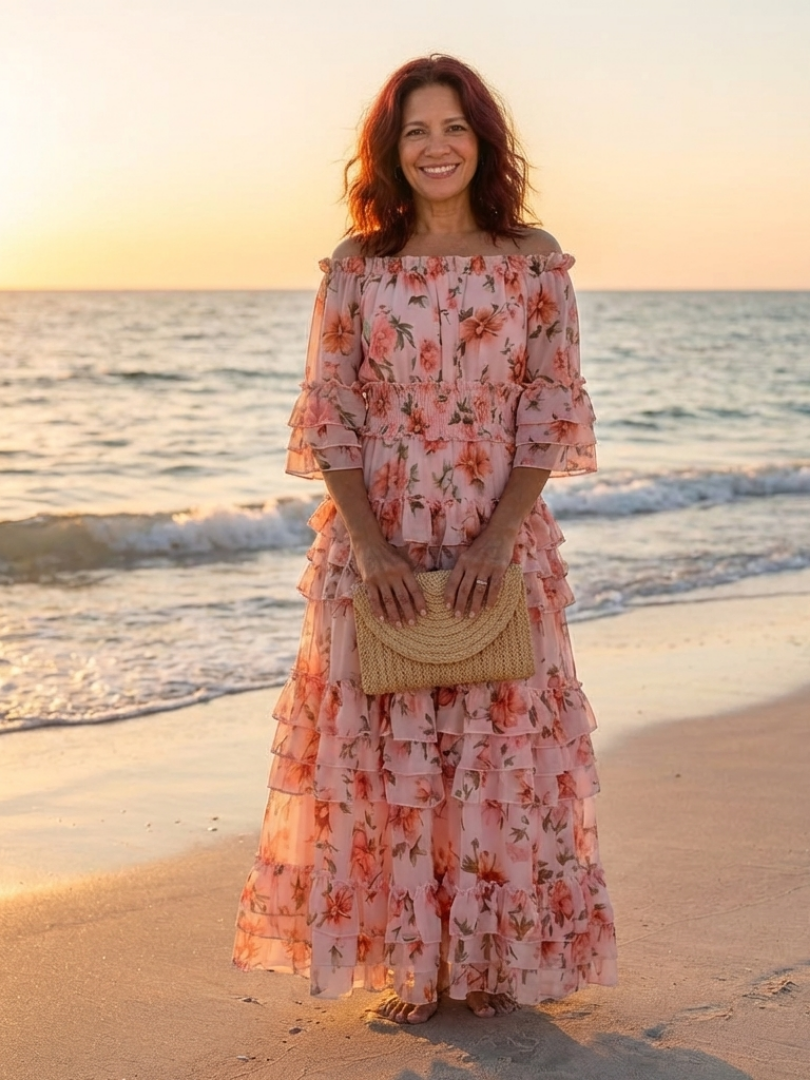 Rosalie | Robe Maxi à Volants Fleurs Décolleté Bardot