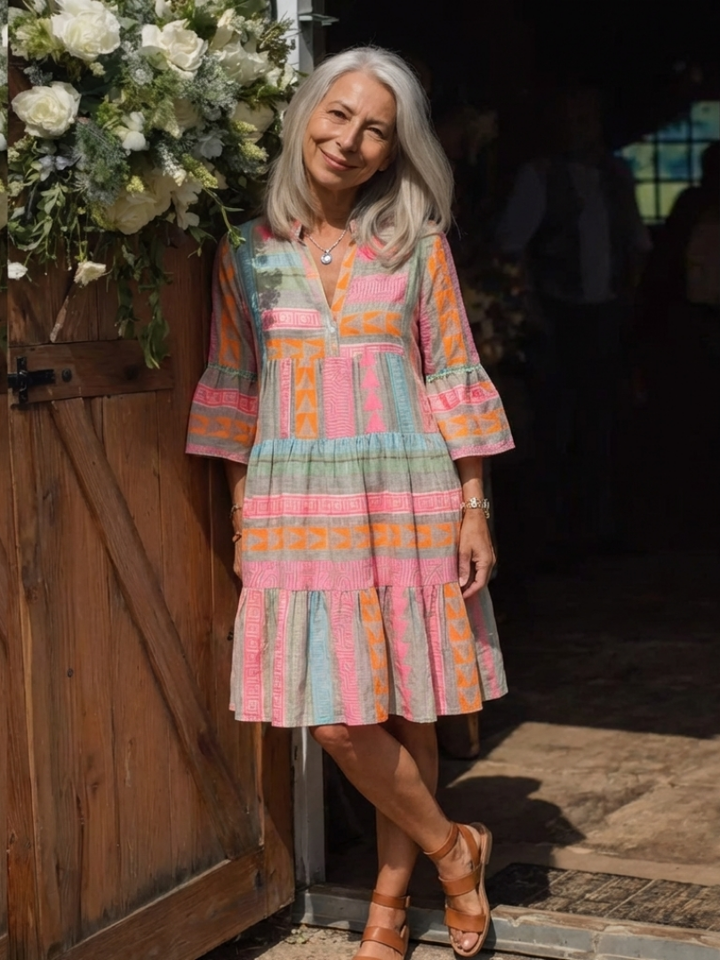 Maelle | Robe à Imprimé Géométrique avec Décolleté en V et Jupe Étagée à Longueur Genou