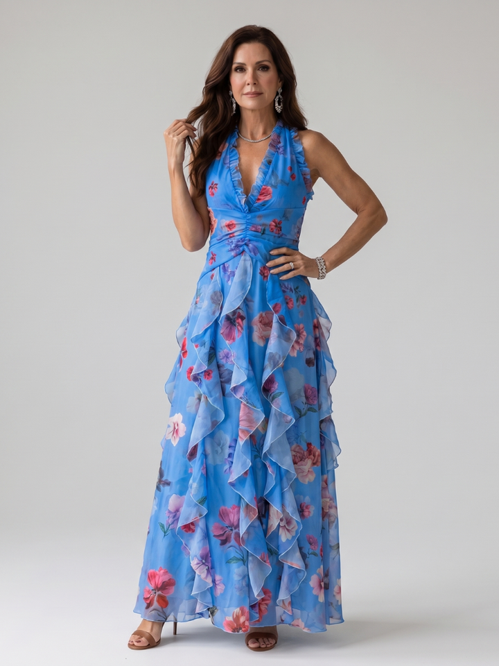 Nori | Robe Maxi Fleurie à Décolleté Halter Froncé