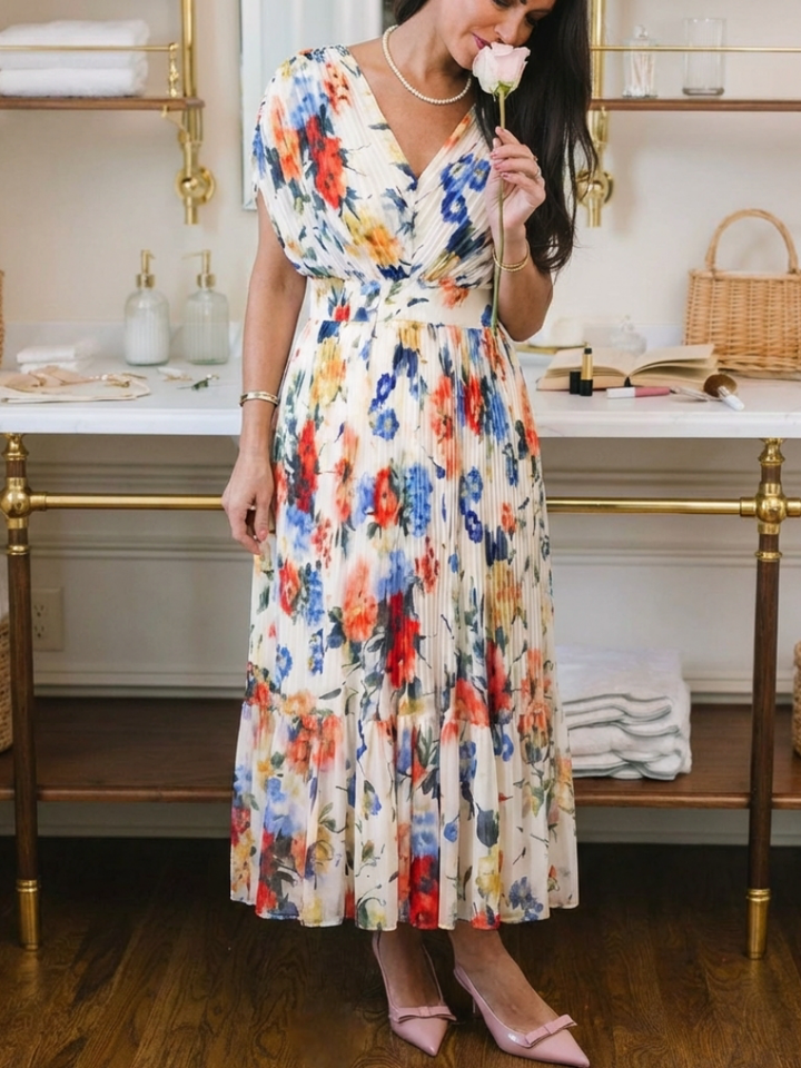 Savannah | Robe midi plissée à manches courtes avec imprimé floral