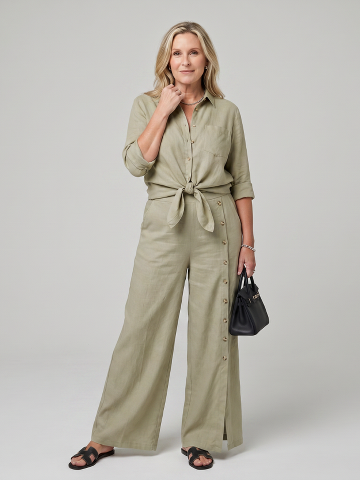 Maddelina | Ensemble haut à manches longues avec nœud avant et pantalon large
