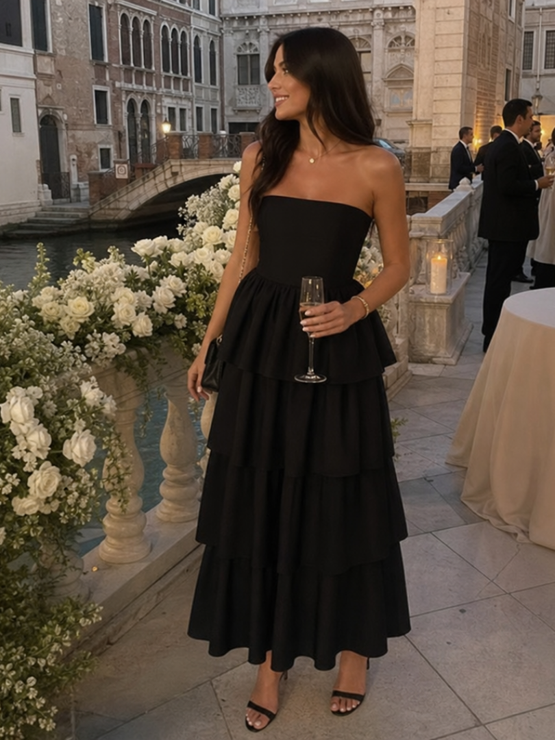 Gemma | Robe Midi à Buste Froncé Sans Bretelles