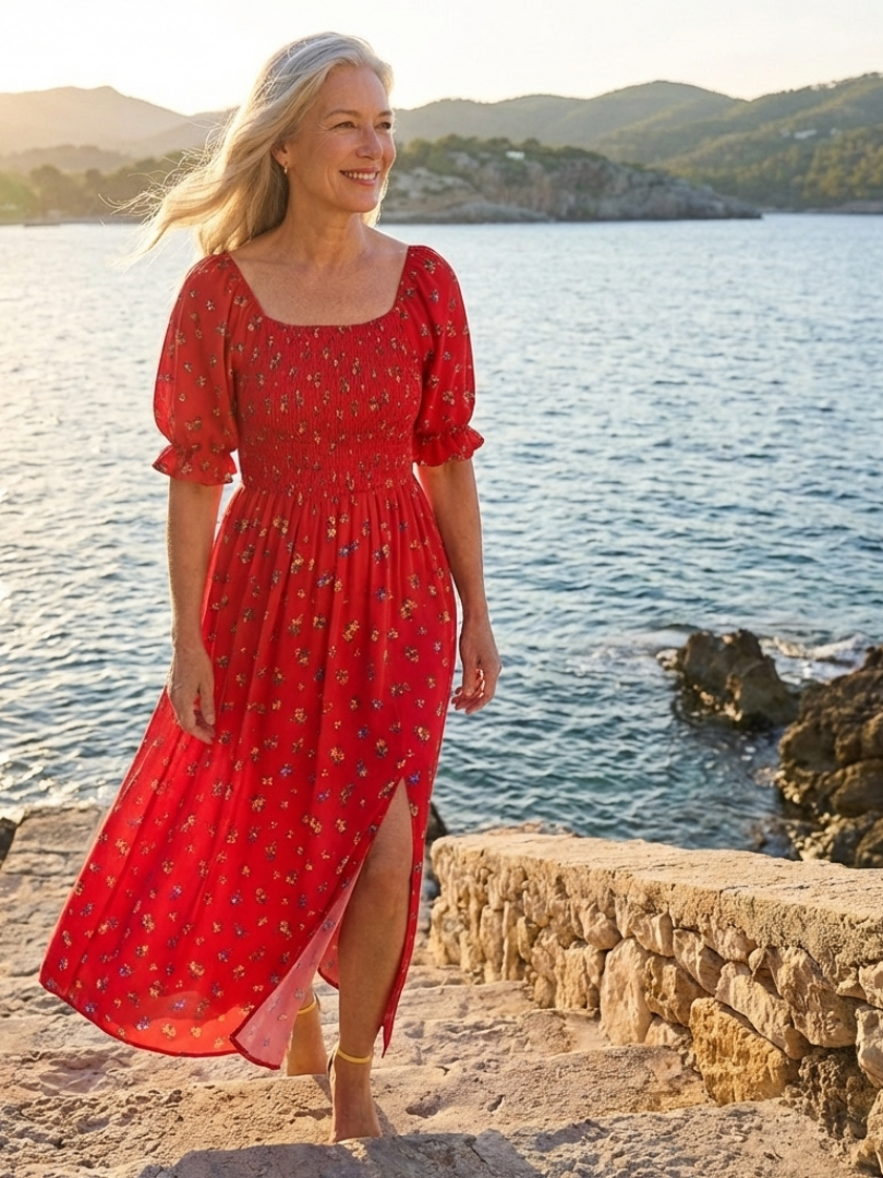 Delphine | Robe Midi à Manches Bouffantes et Décolleté Carré