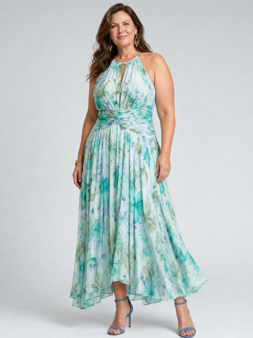 Portia | Robe Midi à Bretelles Plissées avec Motif Floral Doux