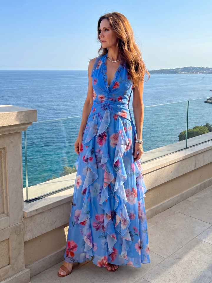 Nori | Robe Maxi Fleurie à Décolleté Halter Froncé