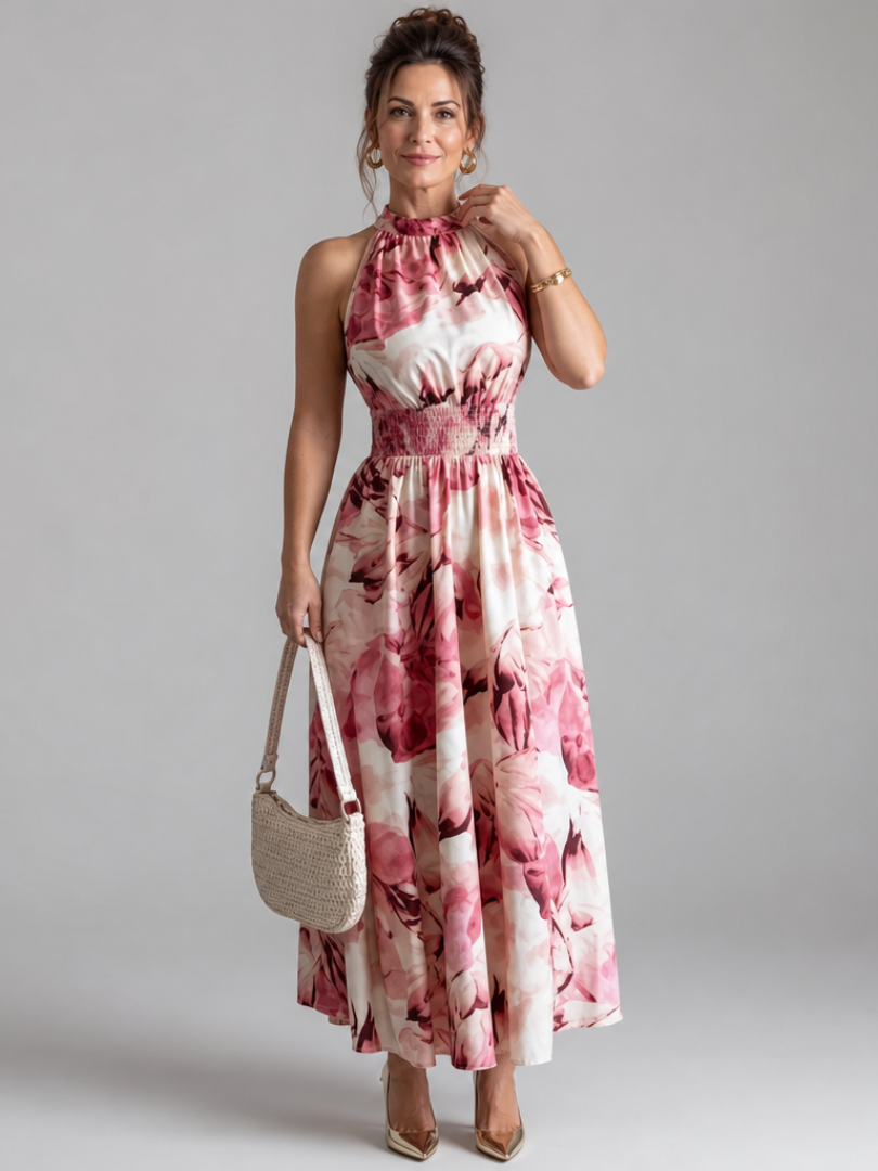 Olivia | Robe midi à taille froncée et imprimé abstrait