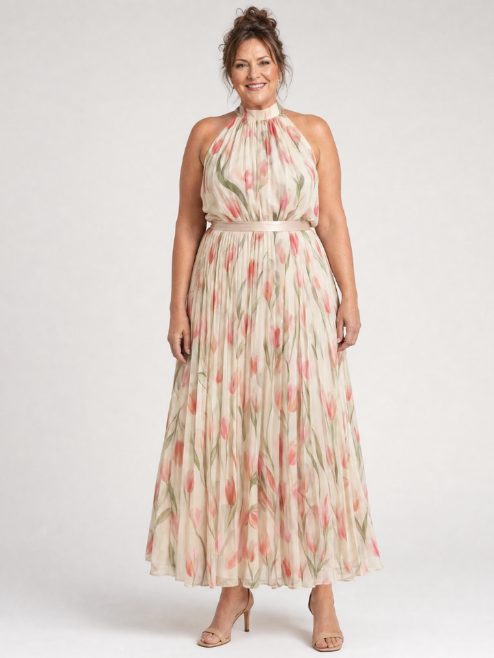 Aurelle | Robe Midi Fleurie à Col Halter
