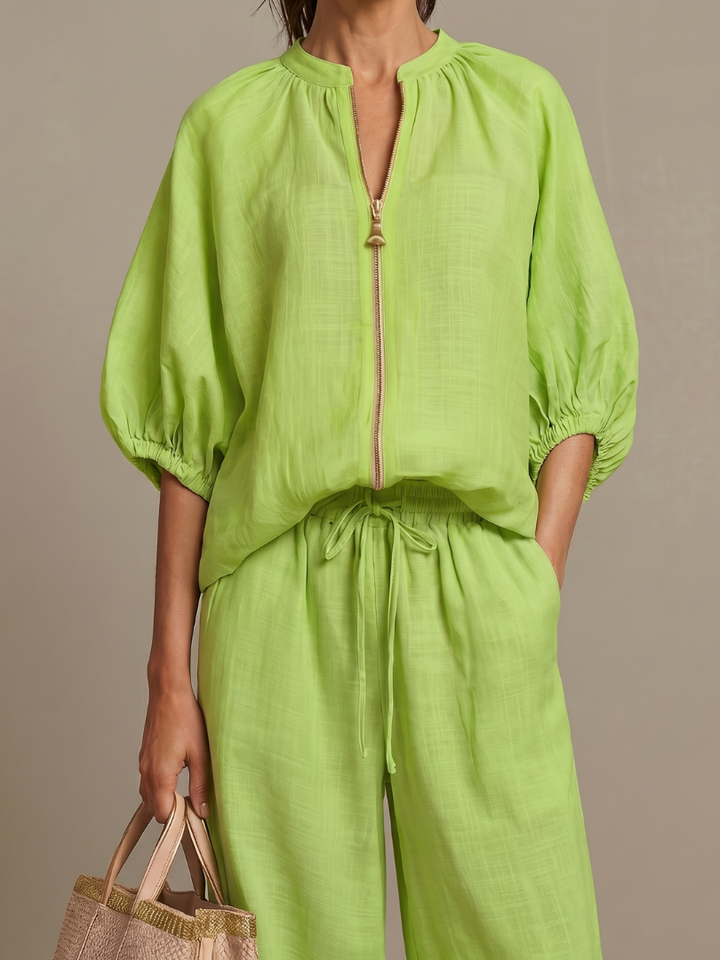 Natalia | Haut Blouson à Zip Avant Ensemble Pantalon Large
