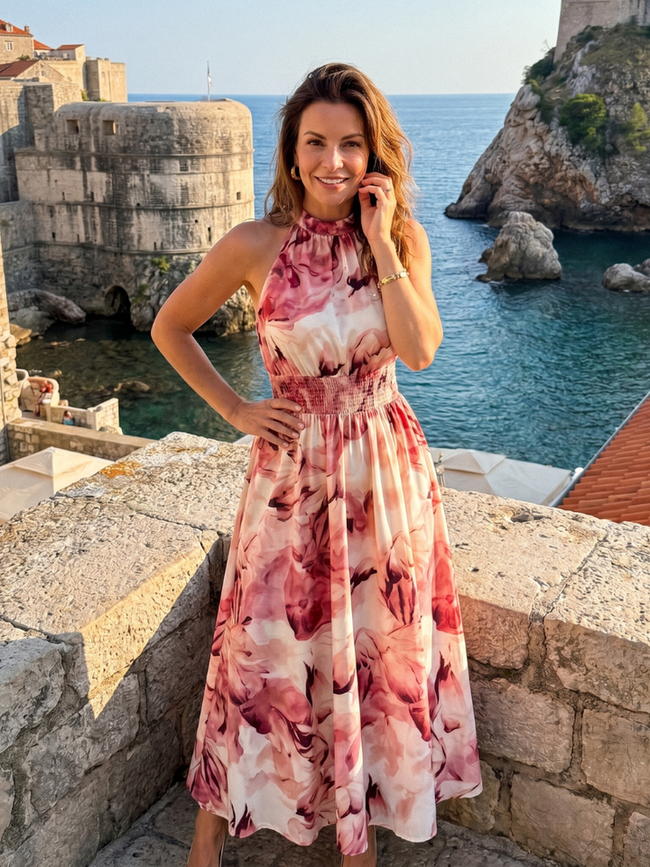 Olivia | Robe midi à taille froncée et imprimé abstrait