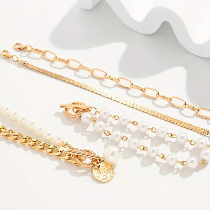 Ensemble de bracelets chic en or 4 pièces – Serpent, perles et maillons