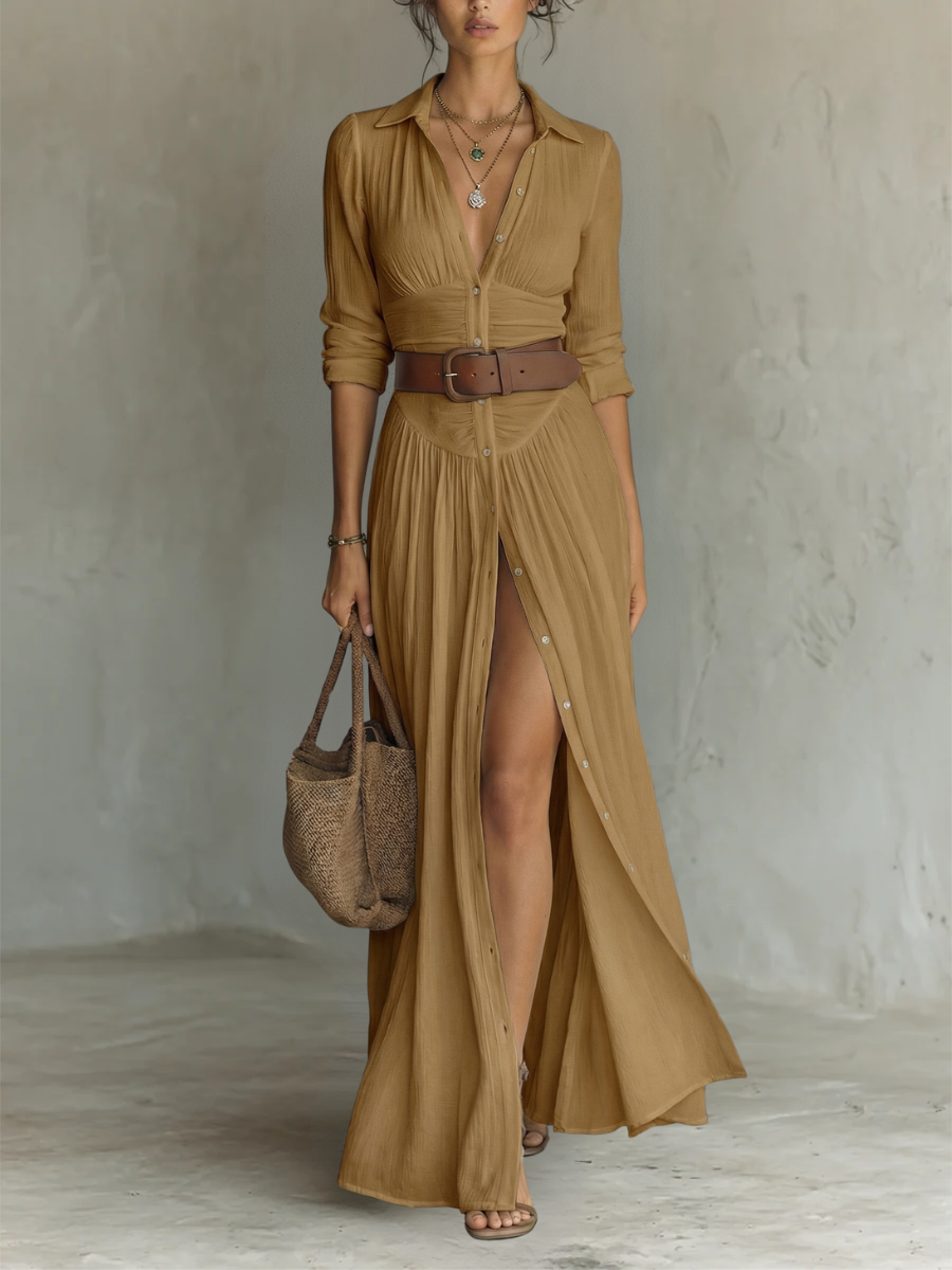 Alma | Robe maxi fluide avec col à revers et manches longues