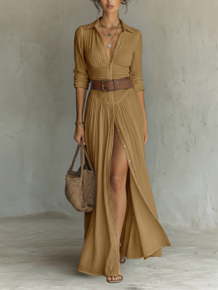 Alma | Robe maxi fluide avec col à revers et manches longues