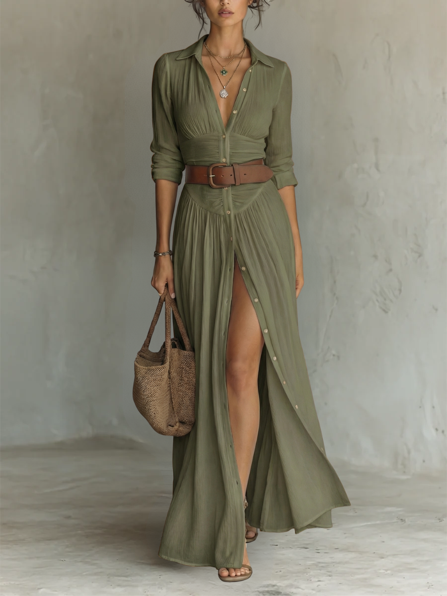 Alma | Robe maxi fluide avec col à revers et manches longues