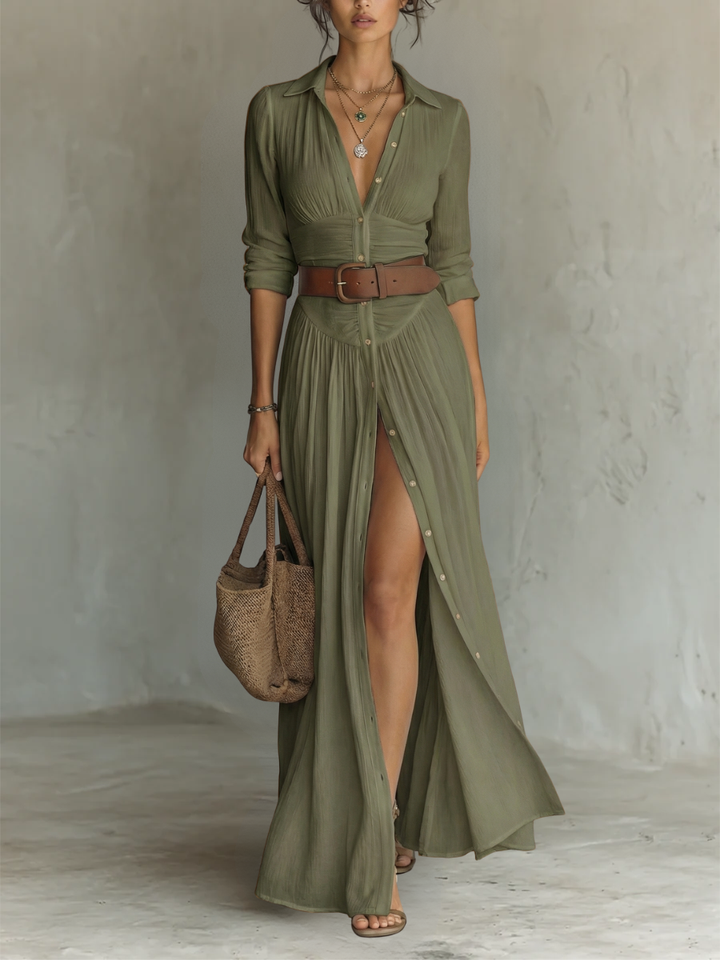 Alma | Robe maxi fluide avec col à revers et manches longues
