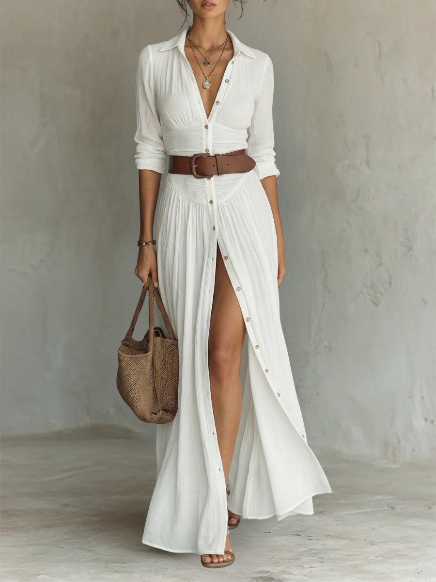 Alma | Robe maxi fluide avec col à revers et manches longues