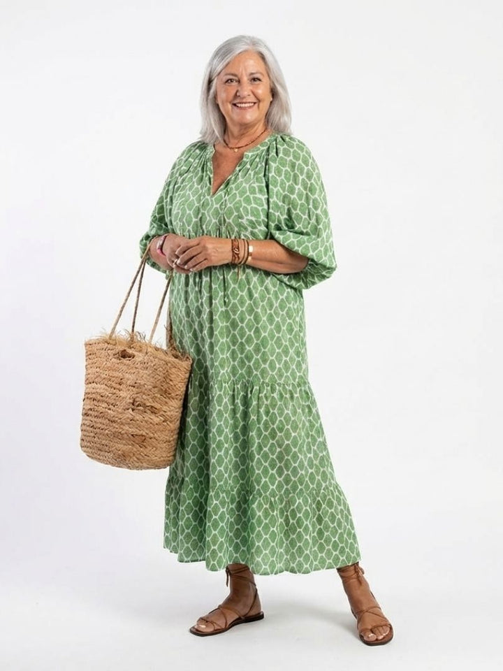 Apolline | Robe midi à manches trois-quarts et décolleté en V à motifs
