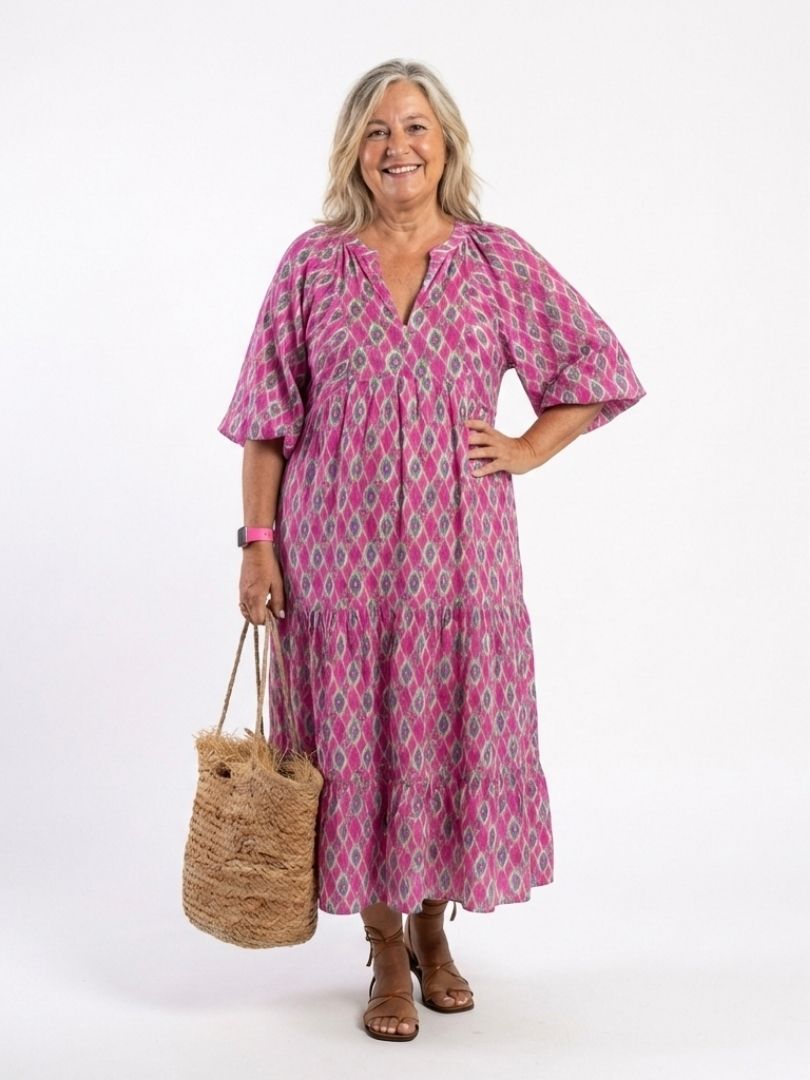 Apolline | Robe midi à manches trois-quarts et décolleté en V à motifs